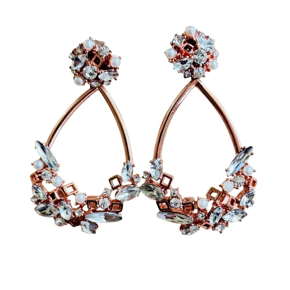 Mimco Earrings Pearl Crystal Teardrop Dangle Rose Gold Plated Pierced